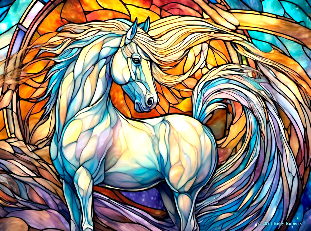 Stained Glass White Horse Jigsaw Puzzle