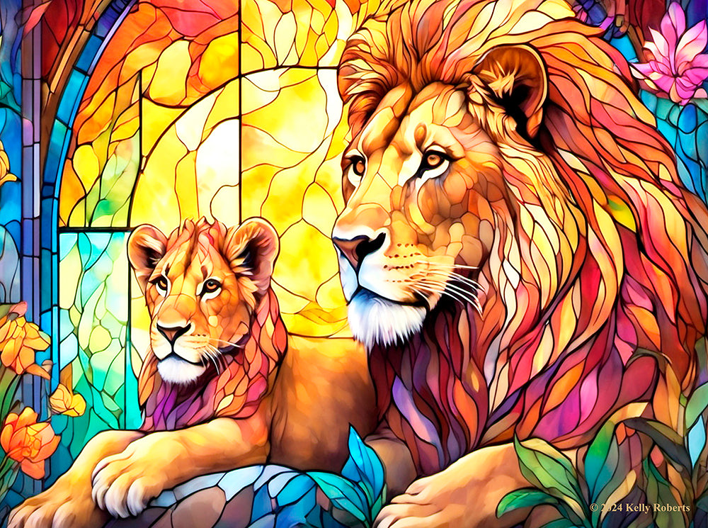 Stained Glass Lion Family Jigsaw Puzzle