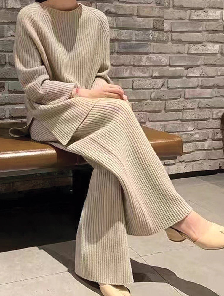 Solid Colour Ribbed Sweater and Pants Sets