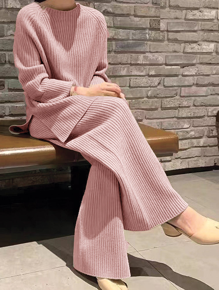 Solid Colour Ribbed Sweater and Pants Sets